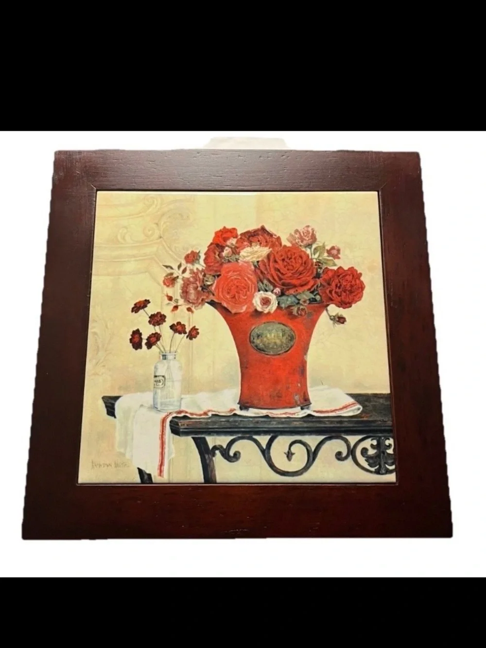 Kathryn White Signed Framed Roses & Linen Art Tile Wall Hanging 8
